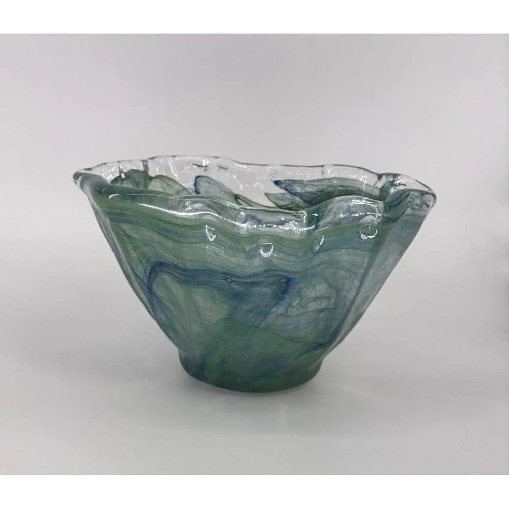 Murano Italy Hand Blown Art Glass Decorative Centerpiece Bowl Blue Green Wavy